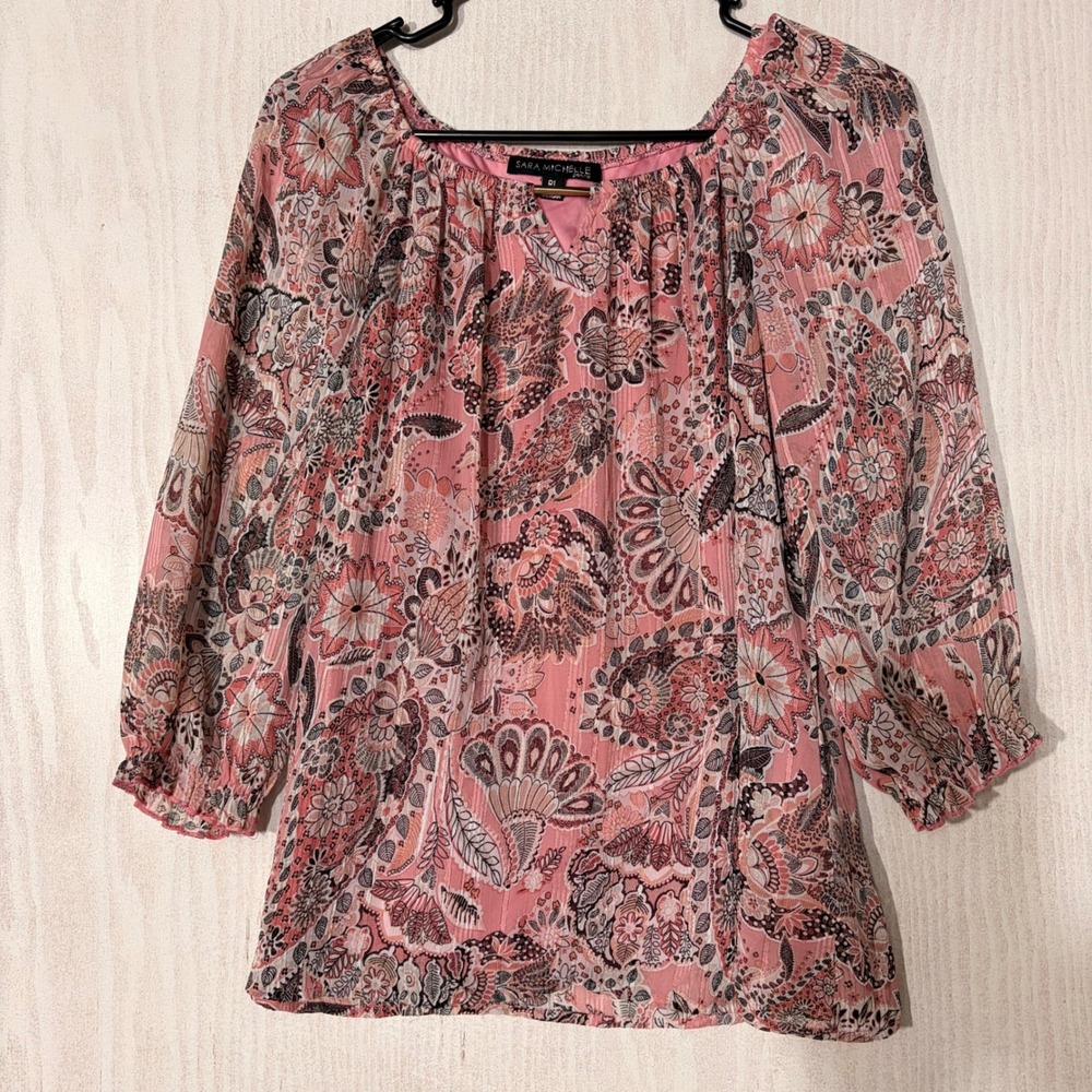 Sara Michelle Blouse Womens PL Pink Paisley Metallic Lurex 3/4 Sleeve